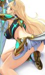  1girl ass back bangs blonde_hair blush breasts cleavage_cutout faulds highres mythra_(xenoblade) ippers large_breasts long_hair looking_at_viewer looking_back open_mouth shoulder_armor simple_background skirt swept_bangs sword thighs tiara weapon white_background white_footwear white_skirt xenoblade_(series) xenoblade_2 yellow_eyes 