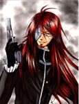  1boy antenna_hair black_gloves commentary_request cross cross_marian cross_necklace d.gray-man facial_hair glasses gloves goatee gun hair_between_eyes half_mask holding holding_gun holding_weapon jewelry long_hair looking_at_viewer male_focus marker_(medium) necklace nochiko redhead smile solo traditional_media upper_body very_long_hair weapon 