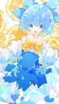 1girl blue_bow blue_dress blue_eyes blue_hair bow bowtie cirno commentary_request cowboy_shot detached_wings dress food fruit hair_bow highres ice ice_wings lemon lemon_slice long_sleeves nikorashi-ka open_mouth puffy_sleeves short_hair solo touhou white_background wings yellow_neckwear 