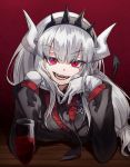  1girl absurdres bangs blush breasts demon_girl demon_horns demon_tail formal gloves helltaker highres horns ildy long_hair looking_at_viewer lucifer_(helltaker) mole mole_under_eye necktie red_eyes red_shirt shirt simple_background smile solo suit tail white_hair white_horns 