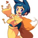  1girl :d animal_ears blue_hair copyright_request eyebrows_visible_through_hair fox_ears fox_tail japanese_clothes kimono long_sleeves looking_at_viewer metata multiple_tails open_mouth short_hair simple_background smile solo tail violet_eyes white_background yellow_kimono 