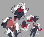  1boy 3girls :d animal_ears apron armband black_apron black_gloves black_hair black_legwear black_neckwear black_pants black_suit black_tail black_vest breasts cerberus_(helltaker) closed_eyes collared_shirt cooking demon_girl demon_tail dog_ears dog_girl fang formal full_body geee529 gloves grey_background helltaker helltaker_(character) highres long_hair looking_at_viewer low-tied_long_hair matching_outfit medium_hair multiple_girls necktie neckwear open_mouth pants red_eyes red_shirt shirt short_hair siblings silver_hair simple_background sisters sleeping small_breasts smile standing suit sweat sweatdrop tail triplets very_long_hair vest white_hair white_pants 