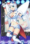  1girl angel_wings blue_eyes breasts fountain gen_4_pokemon gloves highres idol large_breasts long_hair looking_at_viewer microphone navel personification pokemon revealing_clothes shorts smile solo thigh-highs togekiss white_gloves white_hair white_legwear white_shorts wings yukimura_chisa 