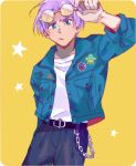  1boy assaskun belt blue_eyes casual confused dragon_ball dragon_ball_z eyewear_on_head jacket male_focus purple_hair short_hair simple_background solo sunglasses trunks_(dragon_ball) trunks_(future)_(dragon_ball) 