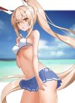  1girl :o ayanami_(azur_lane) azur_lane bangs bare_shoulders bikini blonde_hair blue_bikini blue_sky breasts budesonide clouds covered_nipples day eyebrows_visible_through_hair hair_between_eyes hair_ornament headgear highres long_hair looking_at_viewer miniskirt navel ocean open_mouth orange_eyes outdoors pleated_skirt ponytail skirt sky solo standing swimsuit very_long_hair 