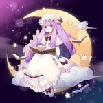  blush book bow eyebrows eyebrows_visible_through_hair fujii_shino hat highres holding holding_book long_hair looking_at_viewer moon patchouli_knowledge purple_hair sitting star touhou violet_eyes 
