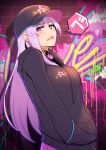  1girl bangs baseball_cap black_jacket blush breasts collar contemporary drawstring fate/grand_order fate_(series) flower graffiti hands_in_pockets hat highres hood hood_down hooded_jacket jacket kama_(fate/grand_order) large_breasts lavender_hair long_hair long_sleeves looking_at_viewer lotus metal_collar oyaji-sou pink_eyes tongue tongue_out wall 