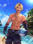  1boy abs ball blitzball blonde_hair blue_eyes chest final_fantasy final_fantasy_x gloves holding holding_ball jewelry lens_flare male_focus muscle necklace ocean open_mouth outdoors solo tidus toned toned_male torakichi_(ebitendon) twitter_username water 