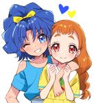  2girls arisugawa_himari arm_over_shoulder blue_eyes blue_hair blue_shirt blush bow brown_hair clenched_teeth closed_mouth eru eyebrows_visible_through_hair hair_bow heart kirakira_precure_a_la_mode long_hair looking_at_viewer multiple_girls one_eye_closed ponytail precure red_eyes shirt short_hair short_sleeves simple_background smile tategami_aoi teeth upper_body white_background yellow_bow yellow_shirt 