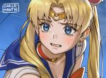  1girl artist_name bangs bishoujo_senshi_sailor_moon blonde_hair blue_eyes blue_sailor_collar blush carlo_montie choker circlet clenched_teeth crescent crescent_earrings diadem double_bun earrings hair_over_shoulder heart heart_choker highres jewelry parted_bangs red_choker sailor_collar sailor_moon sailor_moon_redraw_challenge sailor_senshi_uniform sweatdrop teeth tile_floor tiles tsukino_usagi twintails upper_body 