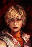  1girl bangs black_background blonde_hair blood freckles hair_between_eyes hankuri heather_mason jacket lips looking_at_viewer nose parted_lips short_hair silent_hill silent_hill_3 sleeveless solo turtleneck upper_body 