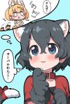  2girls afterimage animal_ear_fluff animal_ears bare_shoulders black_hair blonde_hair blue_eyes blush bow cat_ears cat_tail collar commentary_request elbow_gloves extra_ears eyebrows_visible_through_hair gloves highres kaban_(kemono_friends) kemono_friends kemonomimi_mode multiple_girls no_hat no_headwear paw_gloves paws ransusan red_bow red_collar red_shirt serval_(kemono_friends) serval_ears serval_print serval_tail shirt short_hair short_sleeves sleeveless t-shirt tail tail_bow tail_wagging thought_bubble translation_request white_shirt 