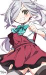  1girl aqua_neckwear asashimo_(kantai_collection) bangs black_legwear blush bow bowtie clenched_hand dress eyebrows_visible_through_hair green_eyes grey_hair grin hair_over_one_eye jacket kantai_collection laco_soregashi long_hair ponytail purple_dress remodel_(kantai_collection) sharp_teeth simple_background smile solo teeth thigh-highs twitter_username white_background white_jacket 