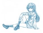  1girl bbb_(friskuser) blue_theme closed_mouth commentary_request girls_und_panzer hairband loafers long_hair long_sleeves looking_at_viewer monochrome reizei_mako shoes solo 