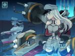  2girls absurdres anchor artist_logo bismarck_(kantai_collection) black_gloves blonde_hair breasts cannon capelet commentary_request cowboy_shot detached_sleeves edel_(edelcat) gloves graf_zeppelin_(kantai_collection) grey_eyes hat highres kantai_collection large_breasts long_hair machinery military military_hat military_uniform multiple_girls peaked_cap sidelocks standing turret twintails uniform 