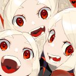  3girls :d animal_ears blush cerberus_(helltaker) collared_shirt demon_girl dog_ears dog_girl fang formal hamelon310 heart helltaker highres long_hair looking_at_viewer matching_outfit multiple_girls open_mouth red_background red_eyes red_shirt shirt siblings silver_hair simple_background sisters smile triplets white_hair 