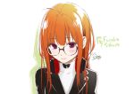  1girl alternate_costume black_jacket black_ribbon blush character_name dated eyebrows_visible_through_hair glasses headphones headphones_around_neck jacket long_hair looking_at_viewer orange_hair persona persona_5 persona_5_the_royal ribbon sakura_futaba school_uniform simple_background solo suzuki_hinomi turtleneck upper_body violet_eyes white_background 