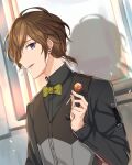  1boy black_vest blue_eyes bow bowtie brown_hair candy copyright_request earrings food highres indoors jewelry kirikuraria lollipop long_sleeves looking_at_viewer male_focus mouth_hold shadow solo stud_earrings vest yellow_neckwear 