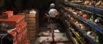  1girl blood bloody_feet bloody_hands blurry_foreground box brown_hair cardboard_box facing_away from_behind highres indoors original pleated_skirt sara_manta shirt shoes shoes_removed short_hair short_sleeves skirt solo white_shirt 