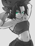  1girl arms_behind_head bare_shoulders breasts caulifla closed_mouth dragon_ball dragon_ball_super green_eyes grey_background greyscale kemachiku looking_at_viewer midriff monochrome navel short_hair simple_background smile solo 