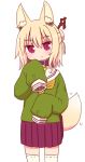  1girl animal_ear_fluff animal_ears bangs bell bell_collar blonde_hair blush brown_collar closed_mouth collar eyebrows_visible_through_hair fox_ears fox_girl fox_tail green_shirt hair_between_eyes hair_bun hair_ornament highres jingle_bell kemomimi-chan_(naga_u) long_hair long_sleeves looking_at_viewer naga_u orange_neckwear original pleated_skirt purple_skirt red_eyes ribbon-trimmed_legwear ribbon_trim sailor_collar shirt simple_background skirt sleeves_past_fingers sleeves_past_wrists solo standing tail thigh-highs white_background white_legwear white_sailor_collar 