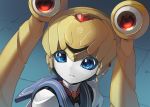  1girl android bishoujo_senshi_sailor_moon blonde_hair blue_eyes blue_sailor_collar choker clenched_teeth derivative_work double_bun heart heart_choker humanoid_robot long_hair mecha_musume mechanization medarot meme rati_(absoluteblue) red_choker sailor_collar sailor_moon sailor_moon_redraw_challenge sailor_senshi_uniform screencap_redraw solo teeth tsukino_usagi twintails upper_body 