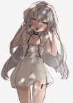  1girl alternate_costume amatsukaze_(kantai_collection) brown_eyes chigasaki_y commentary_request cowboy_shot dappled_sunlight dress frilled_dress frills hat highres kantai_collection leaning_to_the_side long_hair looking_at_viewer open_mouth silver_hair simple_background solo sundress sunlight two_side_up white_background white_dress 