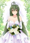  absurdres arknights bare_shoulders bouquet breasts bridal_gauntlets bridal_veil bride cowlick dress elbow_gloves flower gavial_(arknights) gloves green_hair hair_ornament highres jewelry long_hair looking_at_viewer medium_breasts necklace simple_background smile strapless strapless_dress veil very_long_hair wedding_dress yellow_eyes 