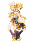  1boy 1girl arm_warmers back-to-back bangs bare_shoulders bass_clef belt black_collar black_shorts black_sleeves blonde_hair bow closed_mouth collar commentary derivative_work detached_sleeves full_body grey_collar grey_shorts hair_bow hair_ornament hairclip headphones headset highres kagamine_len kagamine_rin leg_up leg_warmers looking_at_viewer midriff nail_polish neckerchief necktie nokodaru_marin open_mouth sailor_collar school_uniform shirt short_hair short_ponytail short_shorts short_sleeves shorts shoulder_tattoo signature sleeveless sleeveless_shirt smile spiky_hair standing swept_bangs tattoo treble_clef vocaloid white_background white_bow white_footwear white_shirt yellow_nails yellow_neckwear 