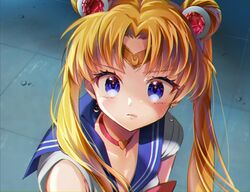  1girl araisuzuka729 bishoujo_senshi_sailor_moon blonde_hair blue_collar blue_eyes choker chromatic_aberration collar derivative_work diadem double_bun earrings forehead_jewel hair_bun hair_ornament heart heart_choker highres jewelry long_hair magical_girl parted_lips sailor_collar sailor_moon sailor_moon_redraw_challenge school_uniform serafuku shirt short_sleeves solo tears tsukino_usagi twintails upper_body v-shaped_eyebrows white_shirt 