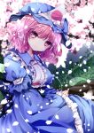  1girl bangs blue_dress blue_headwear blurry blurry_background blurry_foreground breasts center_frills cherry_blossoms closed_mouth dress eyebrows_visible_through_hair flower frilled_dress frills hair_between_eyes hands_together hat head_tilt long_sleeves looking_at_viewer medium_breasts mob_cap nanase_nao obi own_hands_together petals pink_flower pink_hair puffy_short_sleeves puffy_sleeves saigyouji_yuyuko sash short_over_long_sleeves short_sleeves sleeves_past_wrists smile solo touhou tree_branch triangular_headpiece violet_eyes white_headwear wide_sleeves 