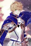  1boy ahoge armor arthur_pendragon_(fate) bangs blonde_hair breastplate fate/grand_order fate_(series) faulds green_eyes hair_between_eyes highres holding light_particles light_smile long_sleeves looking_at_viewer male_focus metal nanonineex pauldrons shiny simple_background solo upper_body 