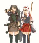  2girls armband arrow_(projectile) blush boots bow bow_(weapon) brown_gloves brown_hakama closed_mouth flight_deck gloves green_hair hair_ribbon hakama hakama_skirt headband holding holding_bow_(weapon) holding_weapon japanese_clothes kantai_collection long_hair multiple_girls muneate one_eye_closed partly_fingerless_gloves quiver red_hakama ribbon rigging rubbing_eyes shoukaku_(kantai_collection) simple_background single_glove smoke tasuki thigh-highs thigh_boots twintails weapon weidashming white_background white_hair younger yugake zuikaku_(kantai_collection) 