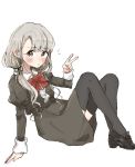  1girl artist_request bangs black_ribbon blush braid brown_eyes eyebrows_visible_through_hair grey_hair hand_on_floor highres hisakawa_nagi idolmaster idolmaster_cinderella_girls juliet_sleeves long_hair long_sleeves looking_at_viewer low_twintails puffy_sleeves red_ribbon ribbon sitting sleeve_cuffs solo thigh-highs twintails v white_background 