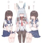  3girls az_toride bangs black_hair black_legwear blue_sailor_collar blue_skirt blunt_bangs brown_eyes closed_eyes collared_shirt cookie dress facing_viewer feet_out_of_frame fingerless_gloves food fubuki_(kantai_collection) gloves hatsuyuki_(kantai_collection) headgear hime_cut invisible_chair kantai_collection long_hair low_ponytail mouth_hold multiple_girls murakumo_(kantai_collection) neckerchief necktie oreo pantyhose pleated_skirt ponytail red_neckwear remodel_(kantai_collection) sailor_collar school_uniform serafuku shirt short_ponytail sidelocks silver_hair simple_background sitting skirt thighband_pantyhose white_background white_dress white_gloves 