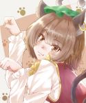  1girl :3 absurdres animal_ear_fluff animal_ears arms_up bangs blush bow bowtie brown_background brown_eyes brown_hair cat_ears cat_tail chen commentary eyebrows_visible_through_hair fang fang_out from_side green_headwear grey_background gumi_(fwjn7284) hair_between_eyes hat head_tilt highres jewelry long_sleeves looking_at_viewer mob_cap multiple_tails paw_pose paw_print red_vest shiny shiny_hair shirt short_hair single_earring solo standing tail touhou two-tone_background upper_body vest white_shirt yellow_neckwear 