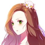  1girl blush brown_hair defense_of_the_ancients doll dota_2 fuyuzuki green_eyes highres long_hair looking_at_viewer mirana_nightshade open_mouth profile solo_focus white_background 