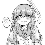  ... 1girl bangs blunt_bangs braid commentary_request crying crying_with_eyes_open curly_hair de_ruyter_(kantai_collection) eyebrows_visible_through_hair greyscale hair_between_eyes hair_ornament hair_over_shoulder hairband headgear highres kantai_collection long_hair looking_at_viewer monochrome neckerchief poyo_(hellmayuge) sailor_collar sailor_shirt school_uniform serafuku shirt short_sleeves side_braid simple_background solo speech_bubble spoken_ellipsis tears translated upper_body white_background 