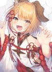  1girl :d animal_ear_fluff animal_ears bangs bare_shoulders blonde_hair blush braid brown_eyes claw_pose commentary_request dog_ears erune eyebrows_visible_through_hair granblue_fantasy hands_up highres long_sleeves open_mouth smile solo topia v-shaped_eyebrows vajra_(granblue_fantasy) white_sleeves wide_sleeves 