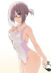  1girl armpit_peek breasts commentary_request competition_swimsuit cowboy_shot fate/grand_order fate_(series) glasses goggles goggles_removed hair_over_one_eye hands_on_own_chest highleg highleg_swimsuit holding_goggles lavender_hair looking_at_viewer low_ponytail mash_kyrielight medium_breasts namonashi one-piece_swimsuit short_hair simple_background solo swimsuit tied_hair violet_eyes white_background white_swimsuit 