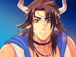  1boy animal_ears arknights black_choker blue_background blue_sailor_collar brown_hair choker circlet collarbone cow_ears crescent crescent_earrings earrings hair_over_one_eye horns jewelry looking_at_viewer male_focus matterhorn_(arknights) necklace sailor_collar sailor_moon_redraw_challenge sidelocks solo upper_body zwtzwtzwt666666 