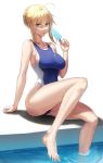  1girl ahoge alternate_costume artoria_pendragon_(all) artoria_pendragon_(lancer) bangs barefoot braid breasts fate/grand_order fate_(series) food french_braid green_eyes hair_between_eyes highres ice_cream large_breasts legs one-piece_swimsuit pool popsicle short_hair sidelocks solar_(happymonk) swept_bangs swimsuit thighs 