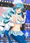  1girl bikini blue_eyes blue_hair breasts fountain gen_7_pokemon gloves highres idol large_breasts long_hair looking_at_viewer mermaid microphone monster_girl navel one_eye_closed personification pokemon pokemon_(game) pokemon_sm primarina revealing_clothes smile solo starfish_hair_ornament swimsuit white_gloves yukimura_chisa 