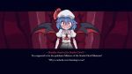  1girl ascot bat_wings blue_hair blush cup dress drinking_glass english_text fake_screenshot fang flustered hat hat_ribbon helltaker looking_at_viewer red_eyes remilia_scarlet ribbon smirk solo tears touhou wine_glass wings z.o.b 