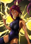  1girl absurdres artist_request bare_shoulders black_legwear bleach dark_skin electricity highres long_hair looking_at_viewer ponytail purple_hair shihouin_yoruichi smile solo thigh-highs yellow_eyes 