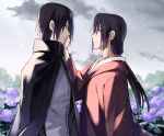  2boys black_hair brothers cape cloak closed_mouth field flower flower_field hand_on_another&#039;s_cheek hand_on_another&#039;s_face height_difference hood hoodie hydrangea jewelry long_hair male_focus medium_hair multiple_boys naruto naruto_(series) naruto_shippuuden necklace ninja ponytail s86070070 short_hair siblings smile tied_hair uchiha_itachi uchiha_sasuke 