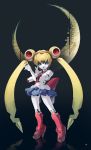  1girl android binary bishoujo_senshi_sailor_moon blonde_hair blue_eyes blue_sailor_collar blue_skirt choker double_bun heart heart_choker highres humanoid_robot long_hair mecha_musume mechanization medarot moon open_mouth rati_(absoluteblue) red_choker sailor_collar sailor_moon sailor_senshi_uniform skirt solo teeth tsukino_usagi twintails 