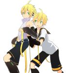 2boys arm_warmers bare_shoulders behind_another belt black_collar black_shorts black_sleeves blonde_hair collar d_futagosaikyou detached_sleeves dual_persona feet_out_of_frame from_side hands_on_another&#039;s_back headphones high_collar highres kagamine_len kagamine_len_(append) leaning_forward leg_warmers looking_at_another male_focus multiple_boys navel neckerchief necktie open_mouth sailor_collar school_uniform shirt short_ponytail short_sleeves shorts sleeveless sleeveless_shirt smile spiky_hair standing vocaloid vocaloid_append white_shirt 