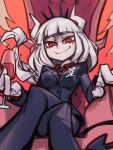 1girl alcohol bangs black_pants blunt_bangs breasts crossed_legs crown cup drinking_glass formal gloves grin helltaker highres horns long_hair looking_at_viewer lucifer_(helltaker) mole mole_under_eye necktie pants pt_crow red_eyes sitting smile solo suit tail throne white_gloves white_hair wine wine_glass