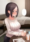  1girl alcohol bangs bed bedroom blush breasts brown_hair can chopsticks closed_mouth commentary_request glasses highres holding holding_can indoors kmtkmatuka large_breasts looking_at_viewer original parted_bangs plate ribbed_sweater short_hair sidelocks sitting sweater table white_sweater 